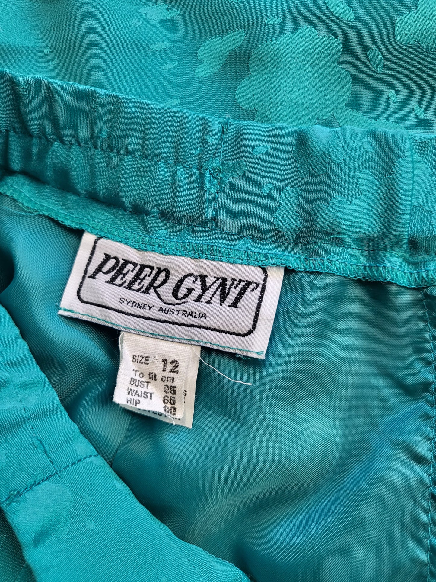 Vintage Peer Gynt Green Satin Floral Midi Skirt | Size 12