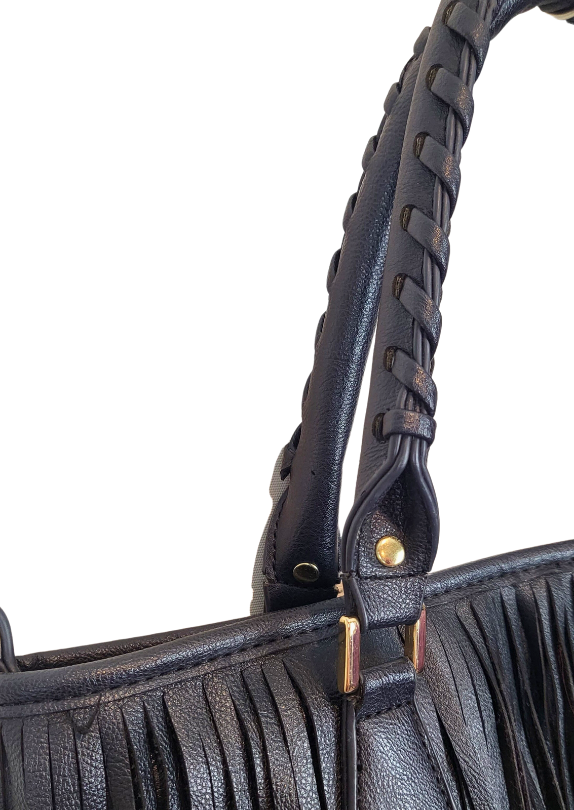 Black Fringe handbag, handle detail