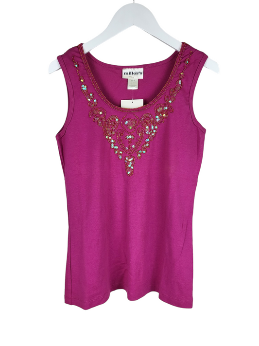 Vintage Hot Pink Beaded Tank Top, front hanging