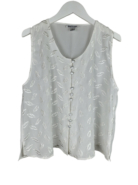 Vintage White Leaf Button Sleeveless Shirt, front hanging