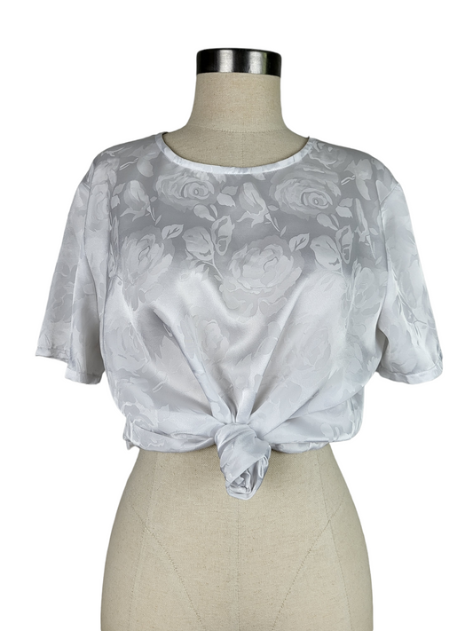 Vintage White Satin Floral Top, front tie view