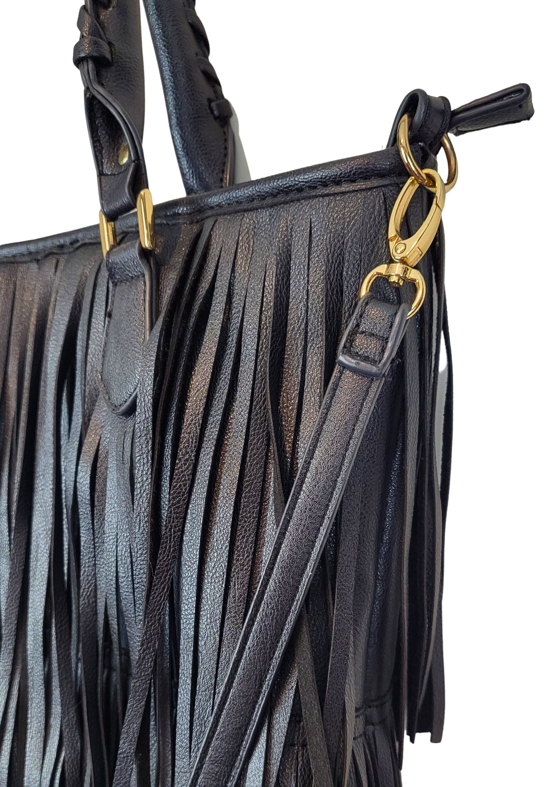 Black Fringe Handbag, gold hardware strap detail